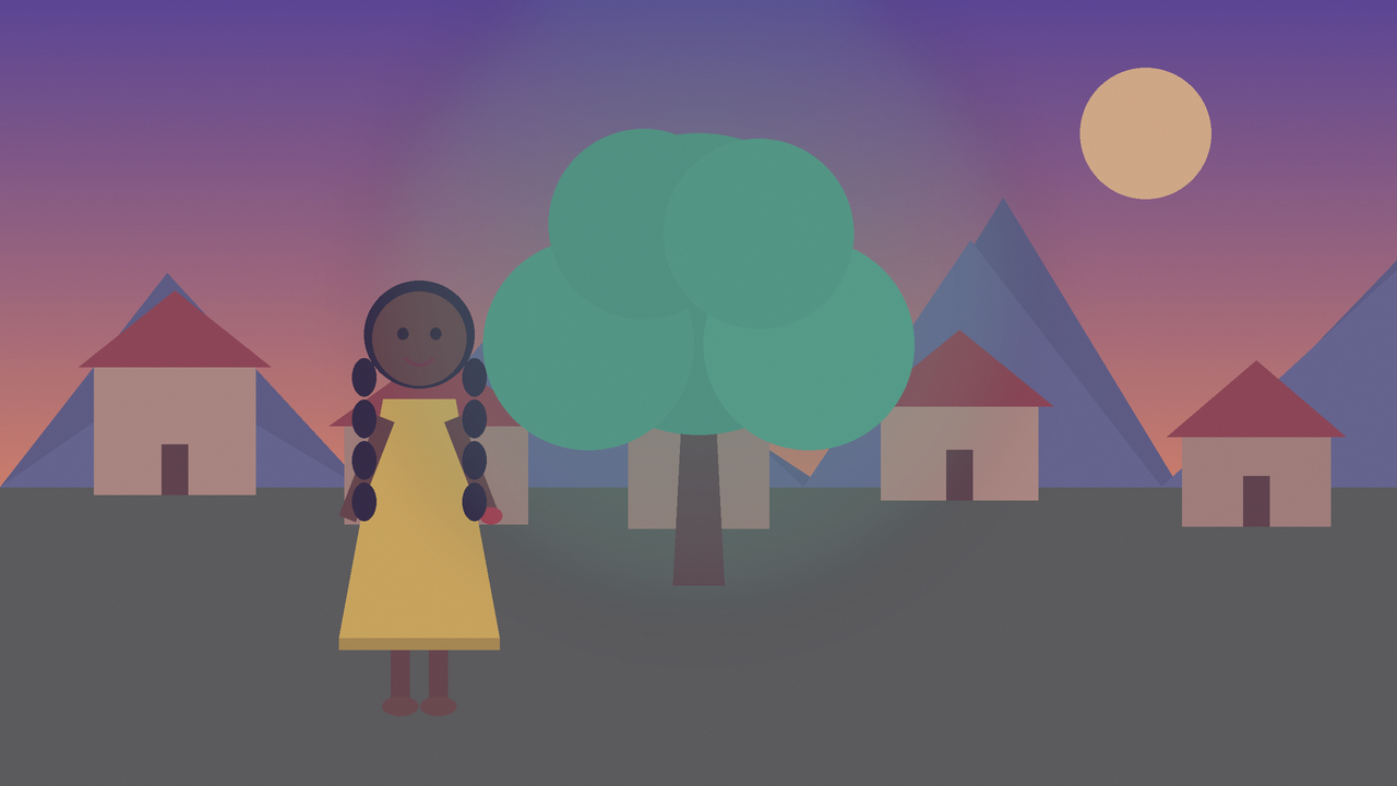 A young girl in a yellow dress stands in front of a glowing tree in a mountain village at dusk